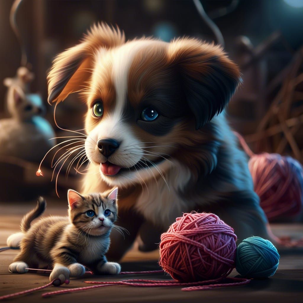 Puppy and Kitten Play in Detailed Matte Painting