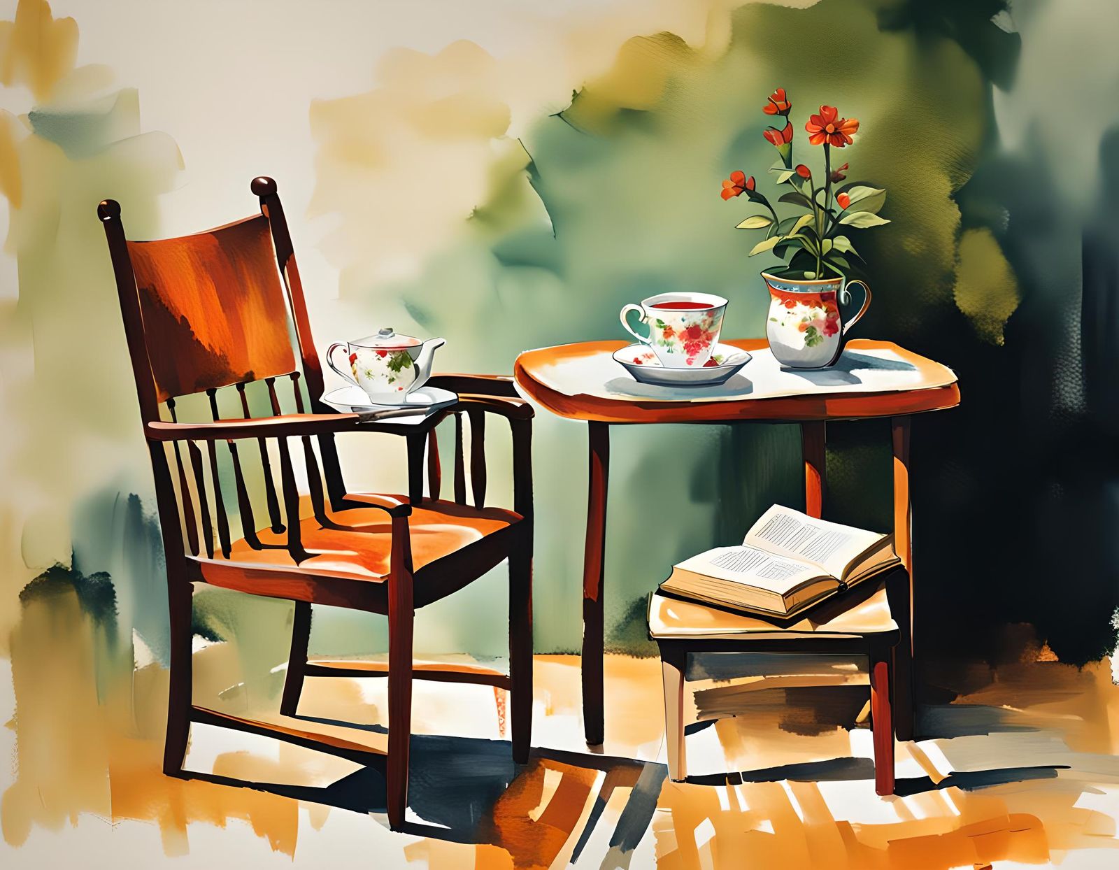 Cozy Still Life: Chair, Table, Book, and Tea