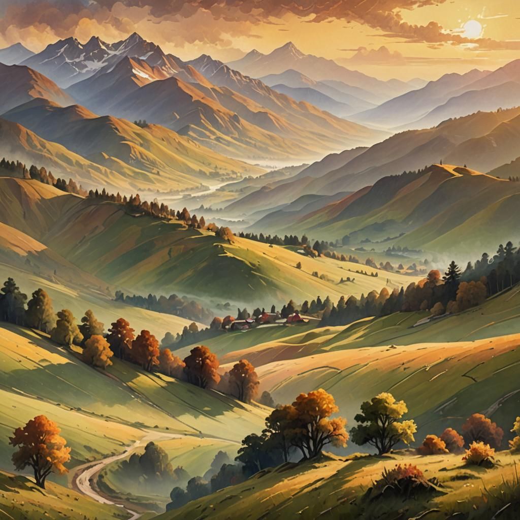 Misty Mountain Sunrise: Vibrant Oil Painting