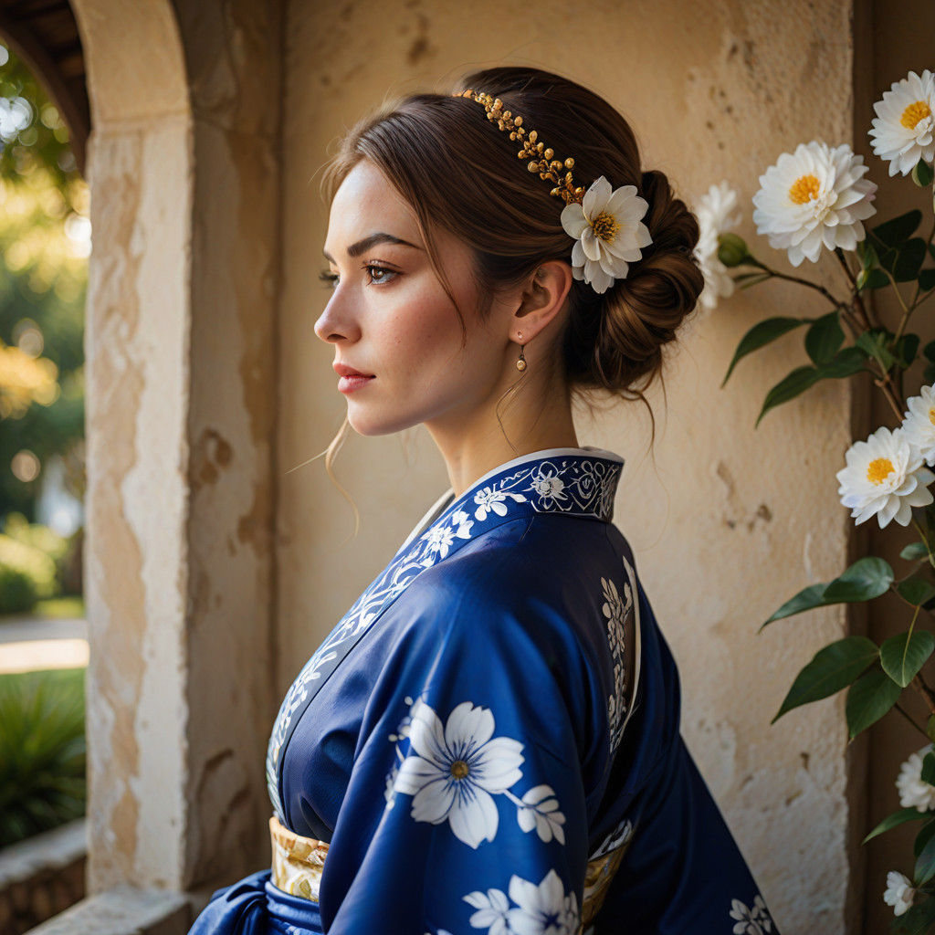 Young French Woman in Elegant Cobalt Blue Kimono, Southern F...