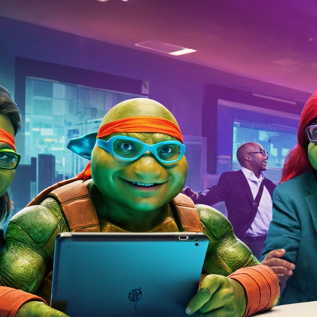 Ninja Turtle in Office Attire with iPad: Digital Art