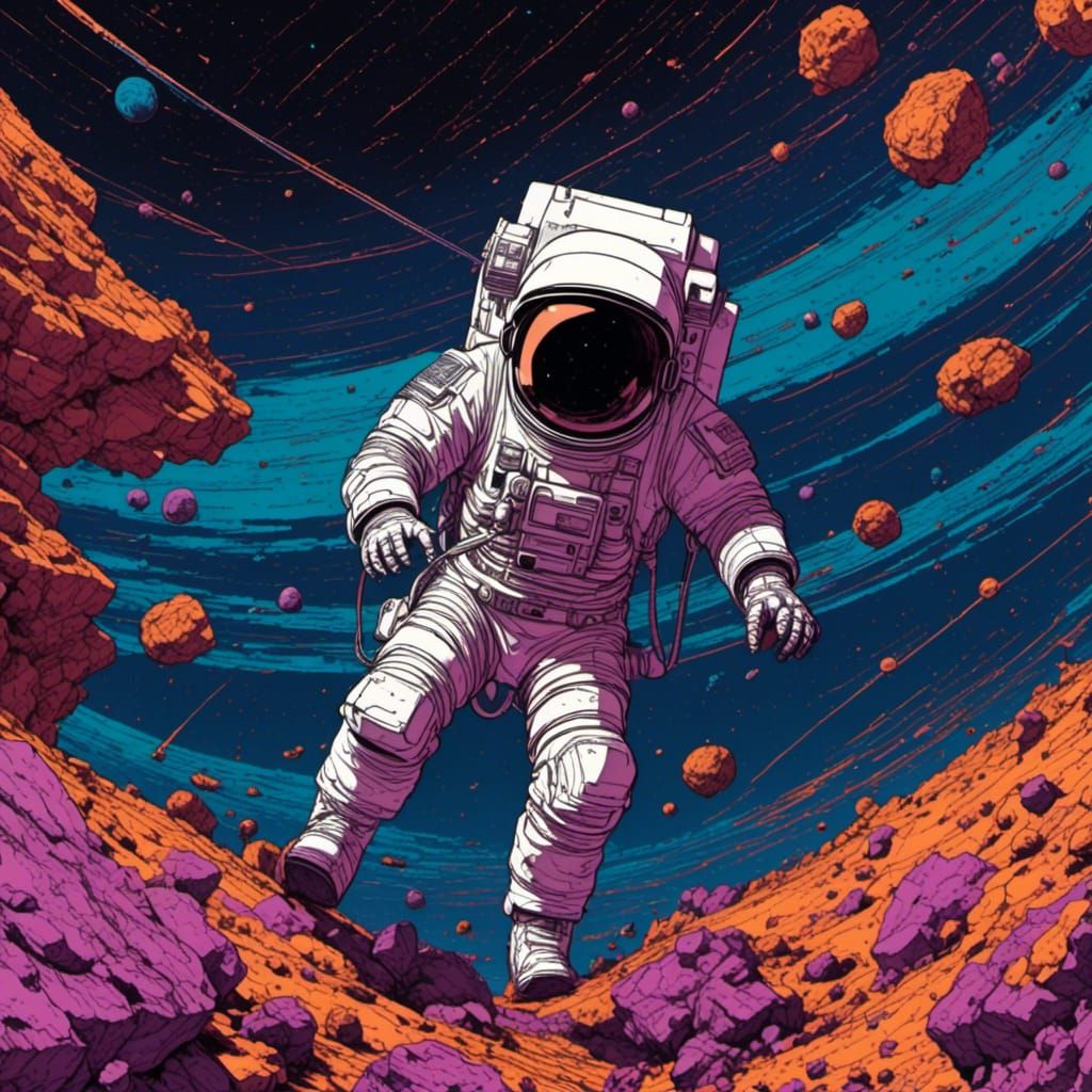 Spaceman navigating an asteroid field <lora:Neon Roast:1.0>