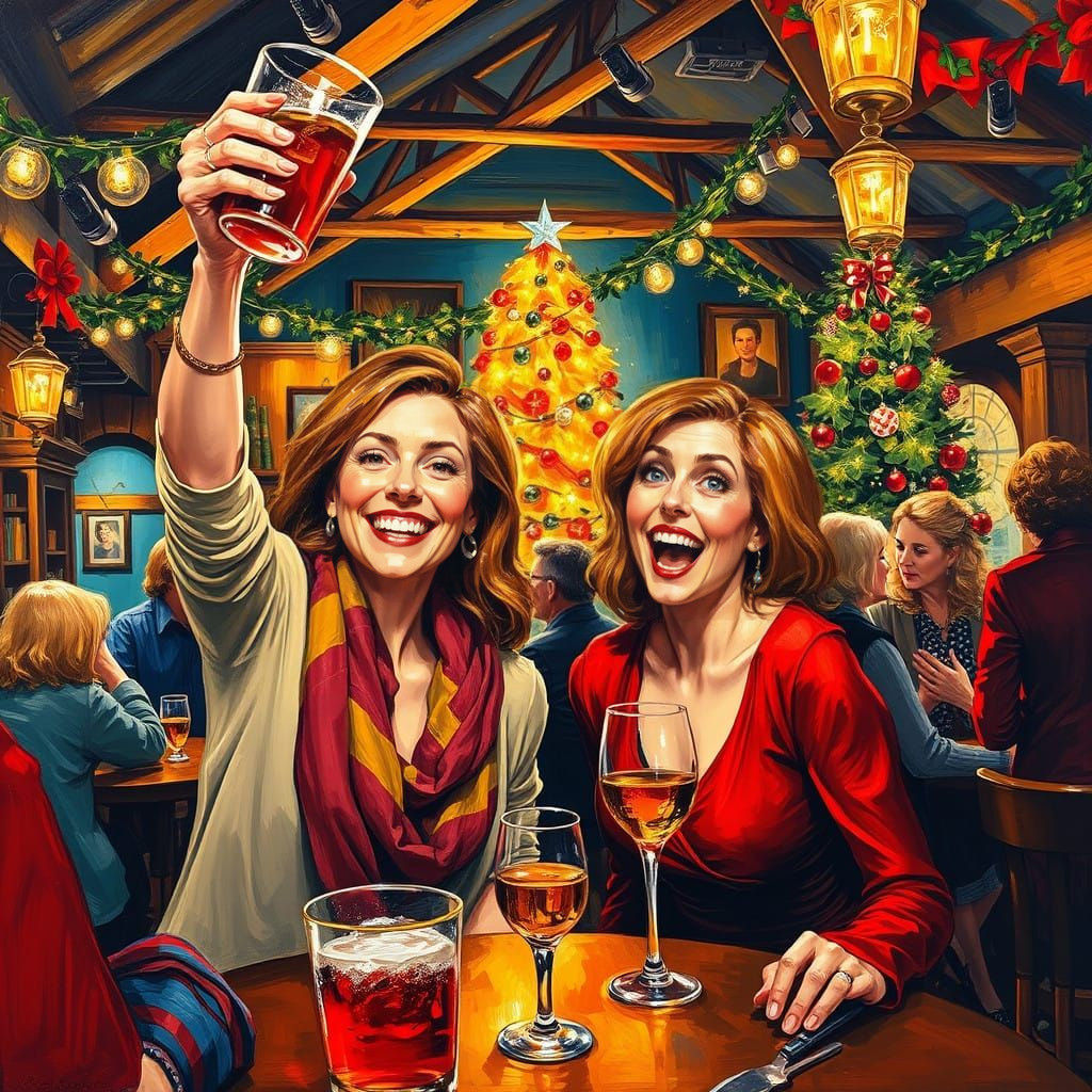 Expressionist Holiday Scene: Women Celebrate in Vibrant Tave...