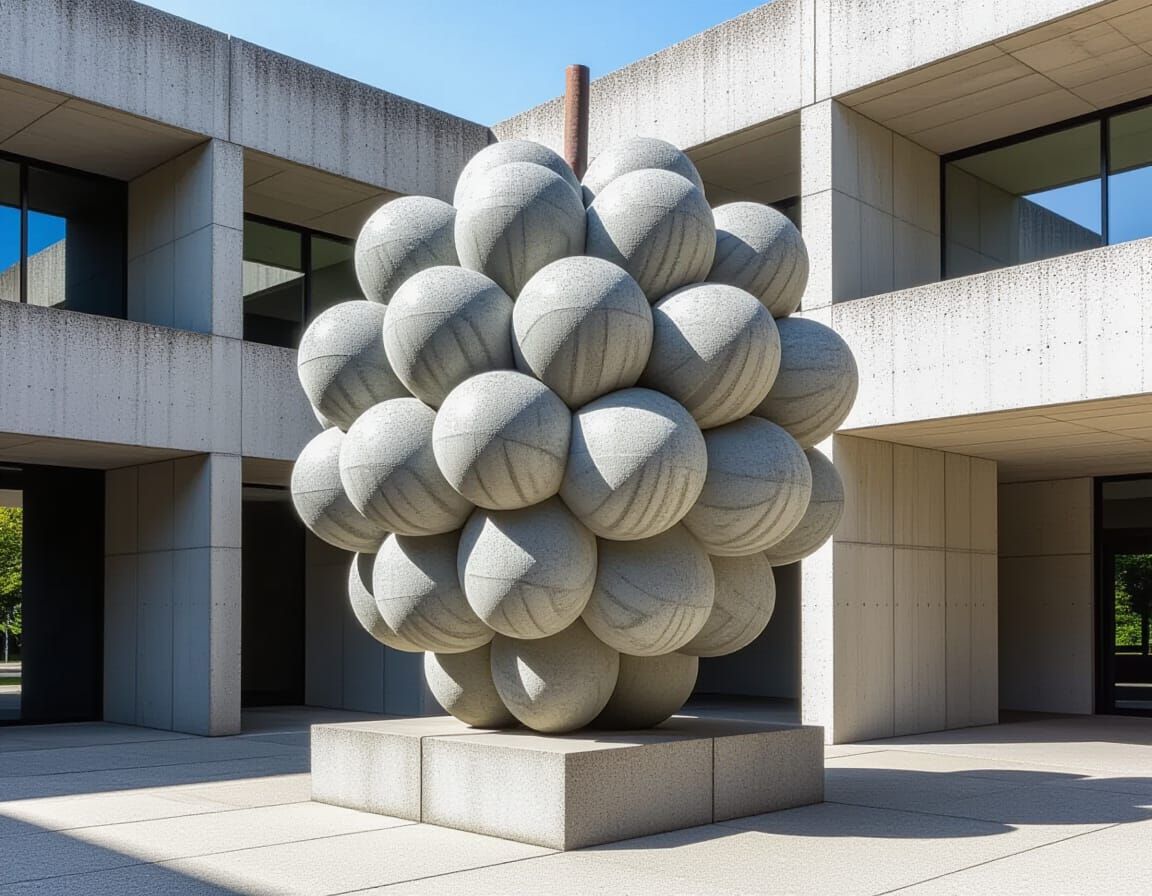 Brutalist Cement Grape Statue in 1970s Courtyard