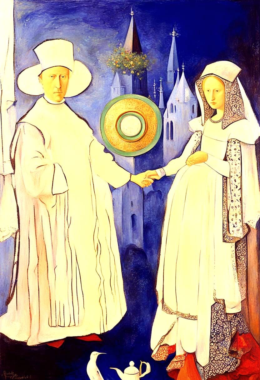 The Arnolfini Wedding Reimagined in Van Eyck Style