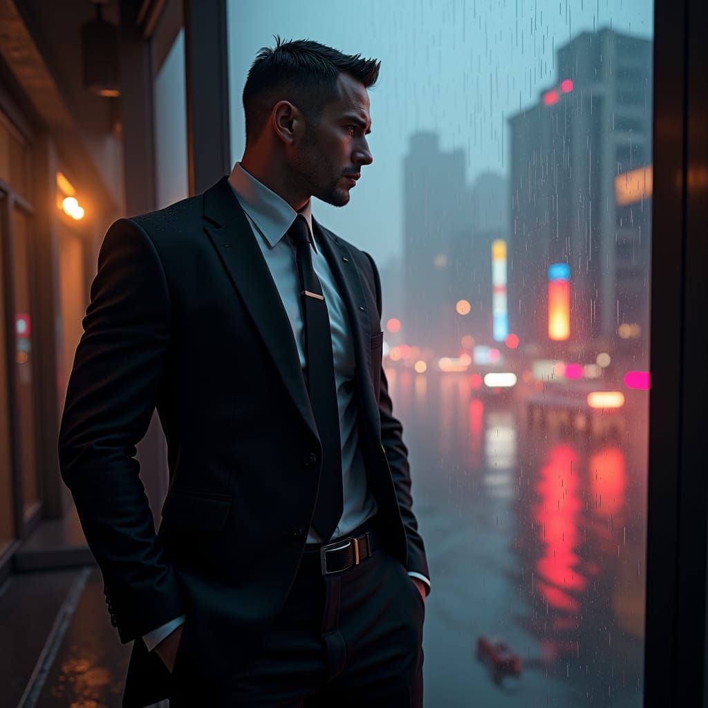 Secret Agent Gazing Over Dystopian Cityscape