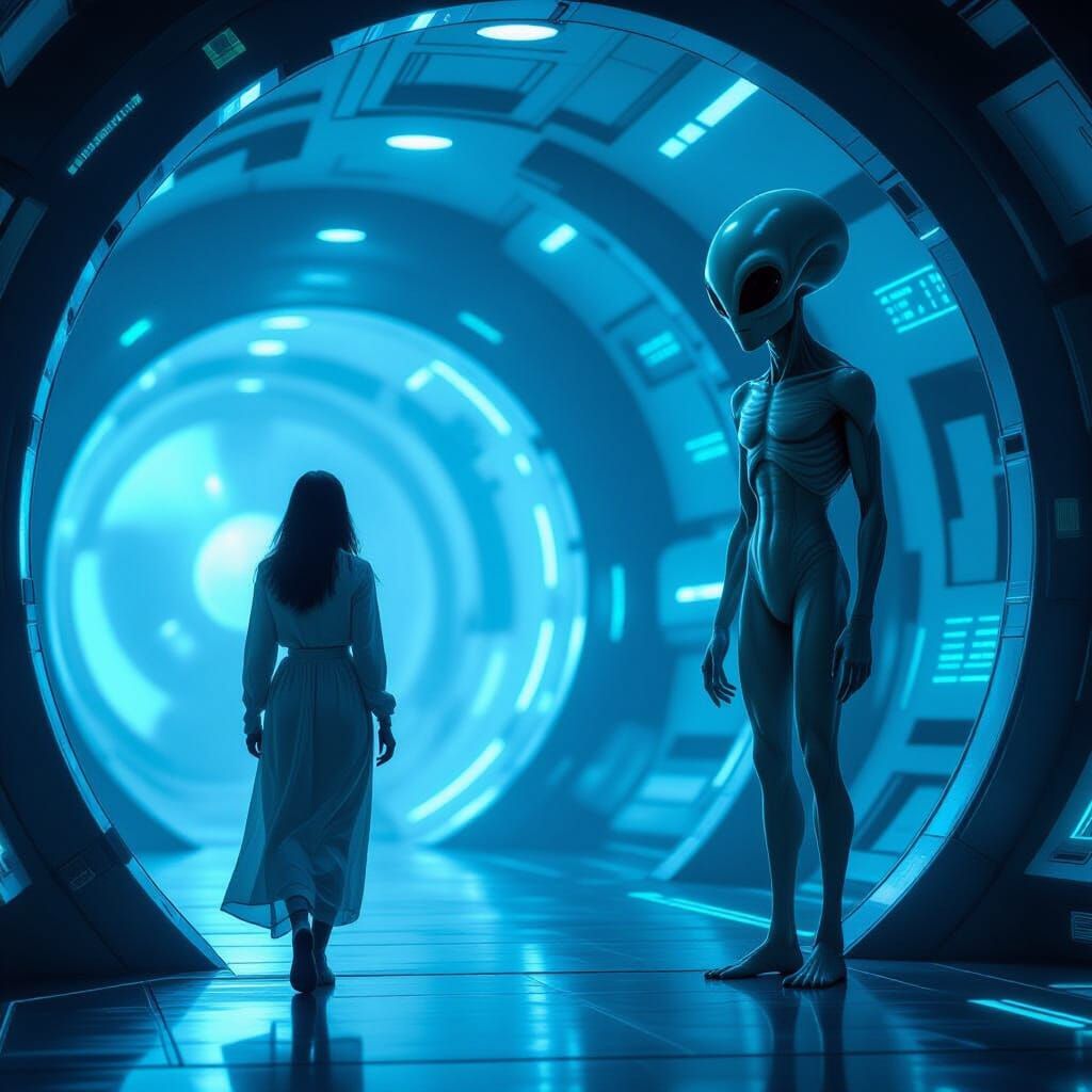 Alien Encounter: Woman Boards Spaceship with Grey Alien