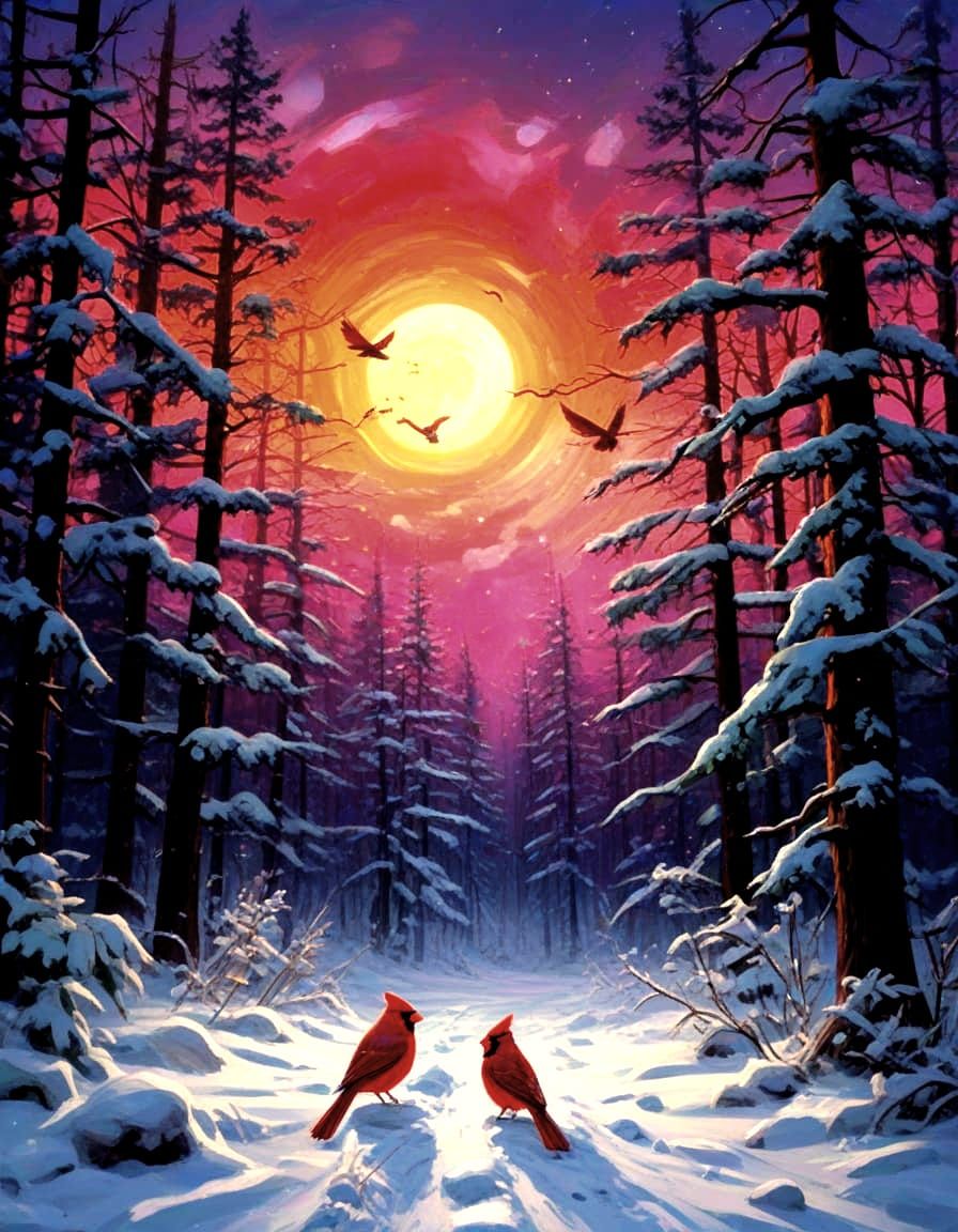Red Cardinals in Crimson Forest Under Cosmic Sky