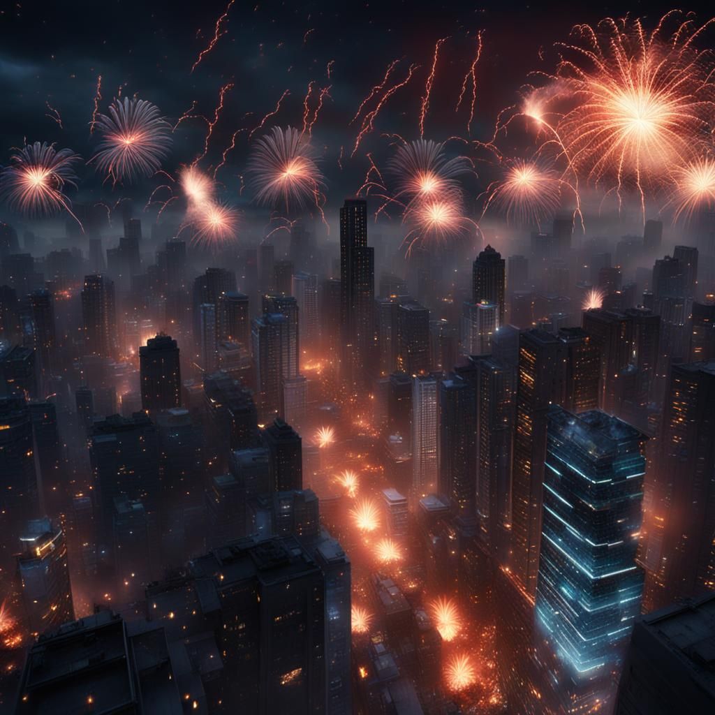 Dramatic Fireworks Display Over City Skyscrapers