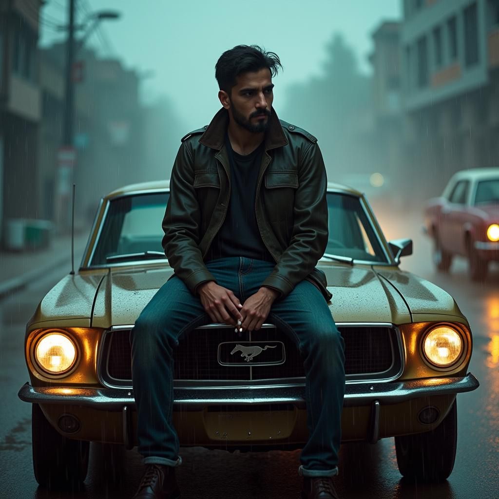 Pakistani Man in Rain on Vintage Car, Cinematic Film Still