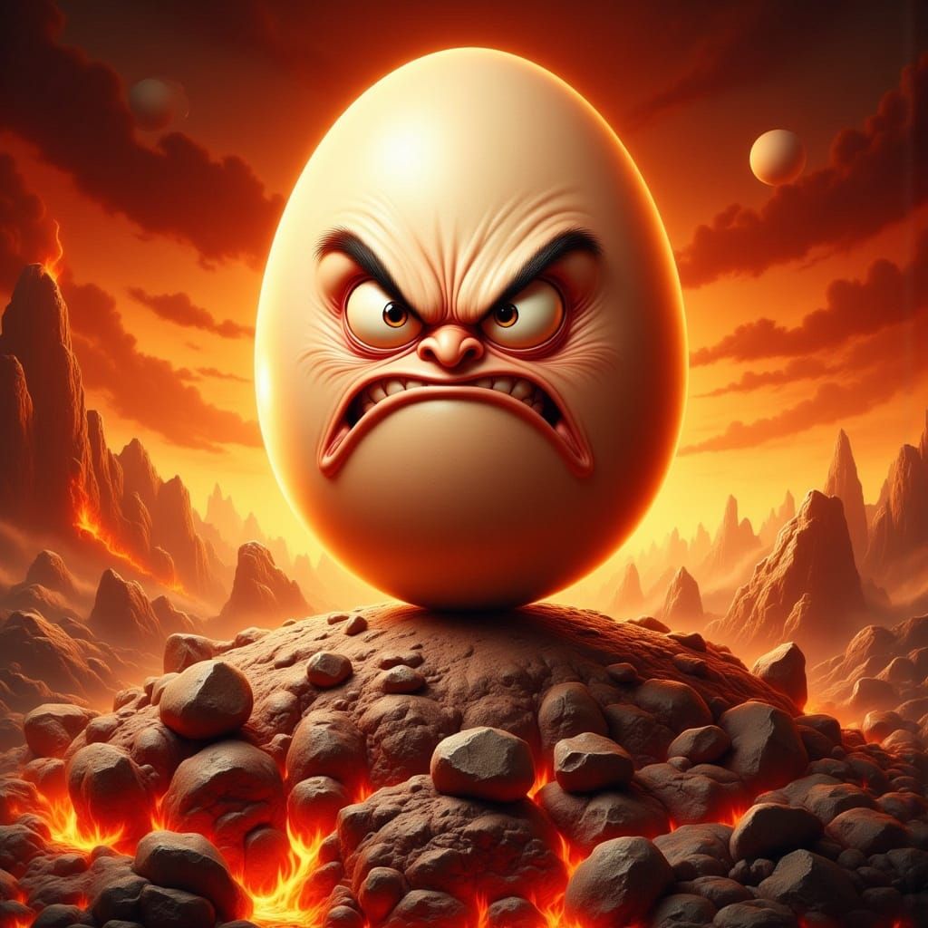 Surreal Rockabilly Egg Straddles Fiery Hot Rock