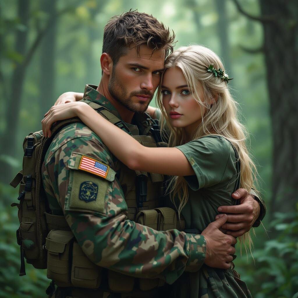 Soldier and Witch in Forest, Matte Painting Style