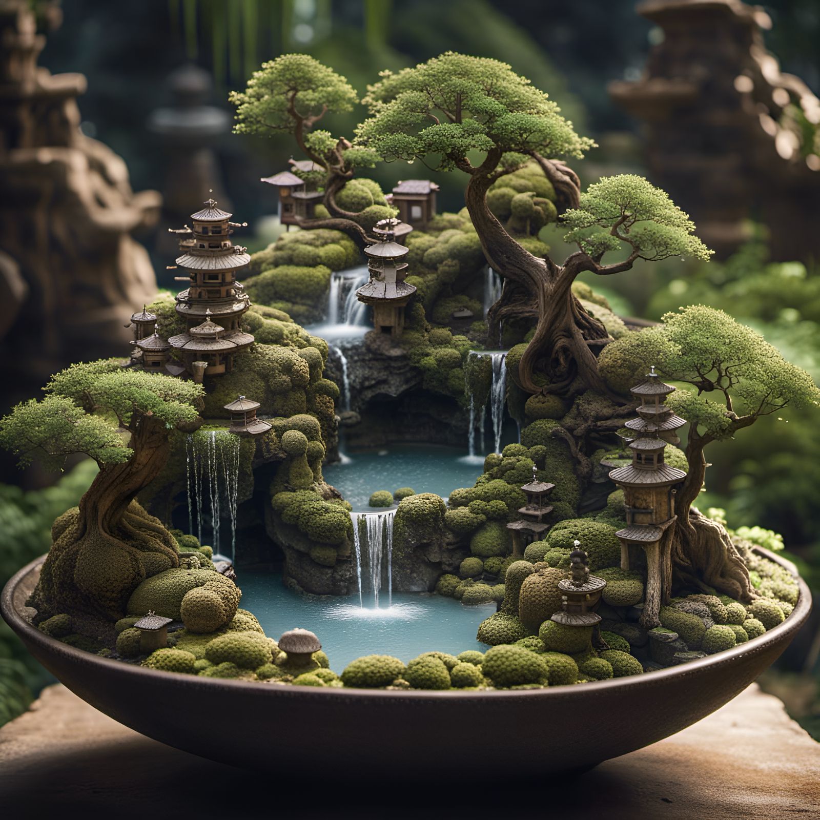 Japanese Fractal Water Garden with Bonsai in Digital Art