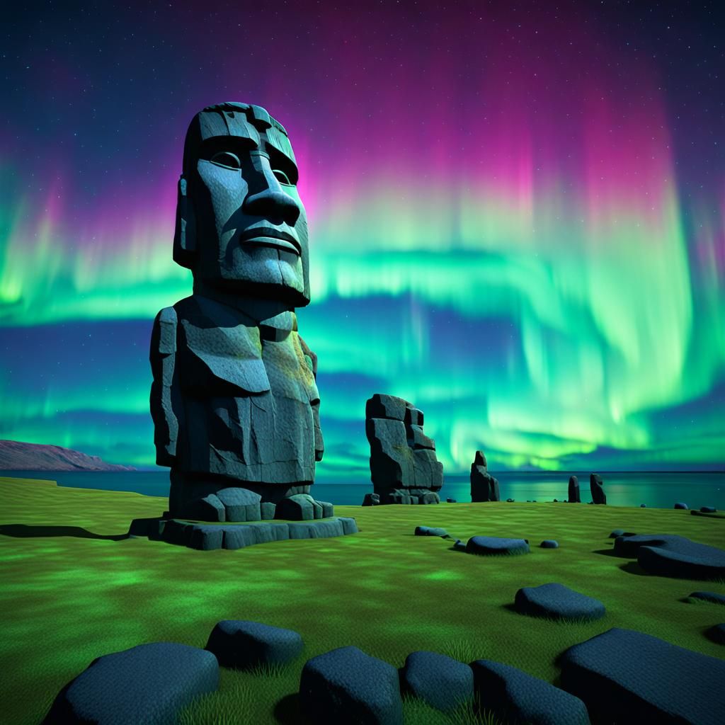 Moai Statue Under Aurora, 3D Game Cinematic