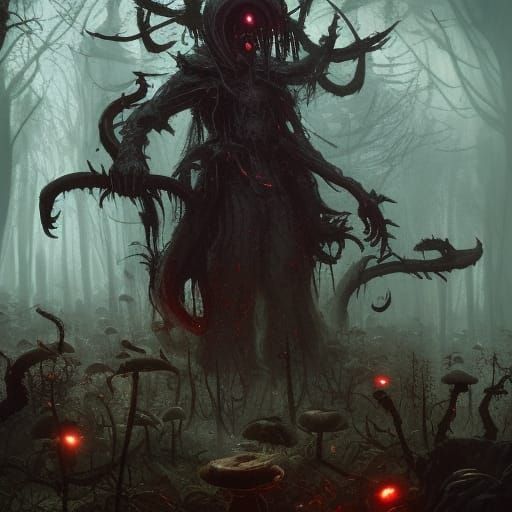 Sinister Reaper in Mushroom Forest: Dark Fantasy Art