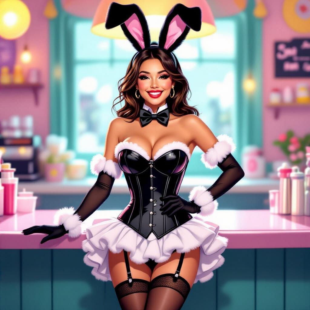 Whimsical Waitress with Bunny Ears in Tuxedo Outfit
