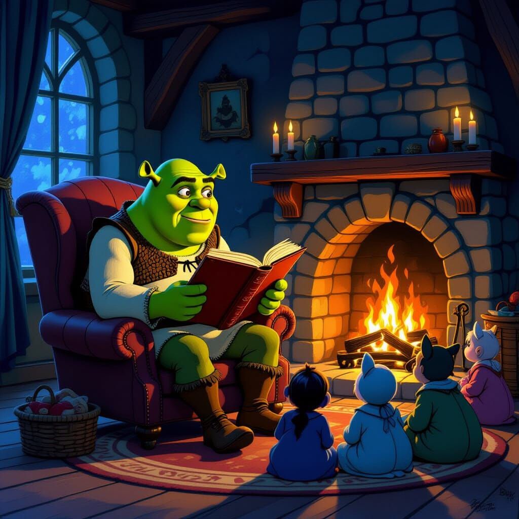 Shrek Tells a Scary Story to Fairytale Creatures