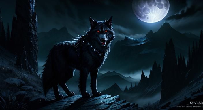 Werewolf on Rocky Terrain Under Full Moon