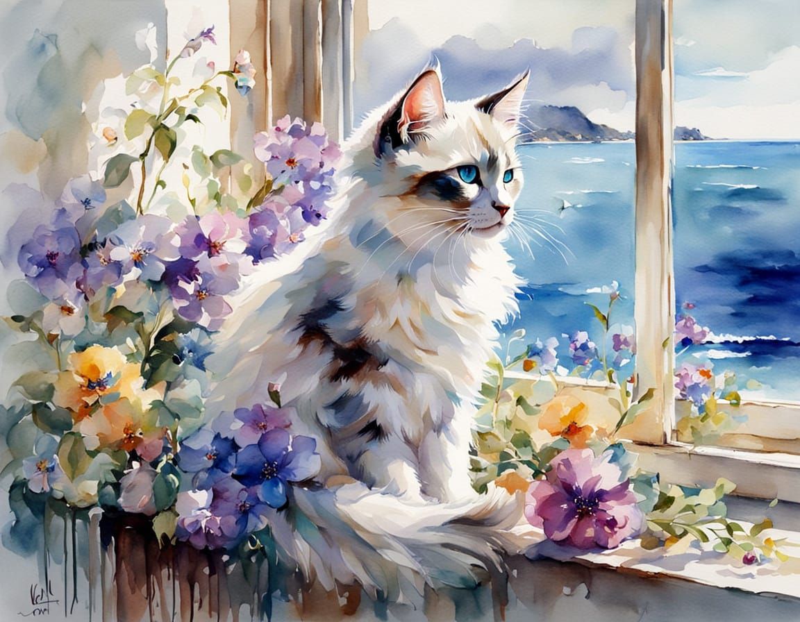 Watercolor Kitten with Ocean View