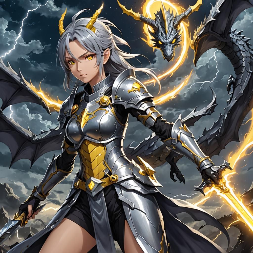 Anime Spellcaster with Energy Sword Under Lightning Sky