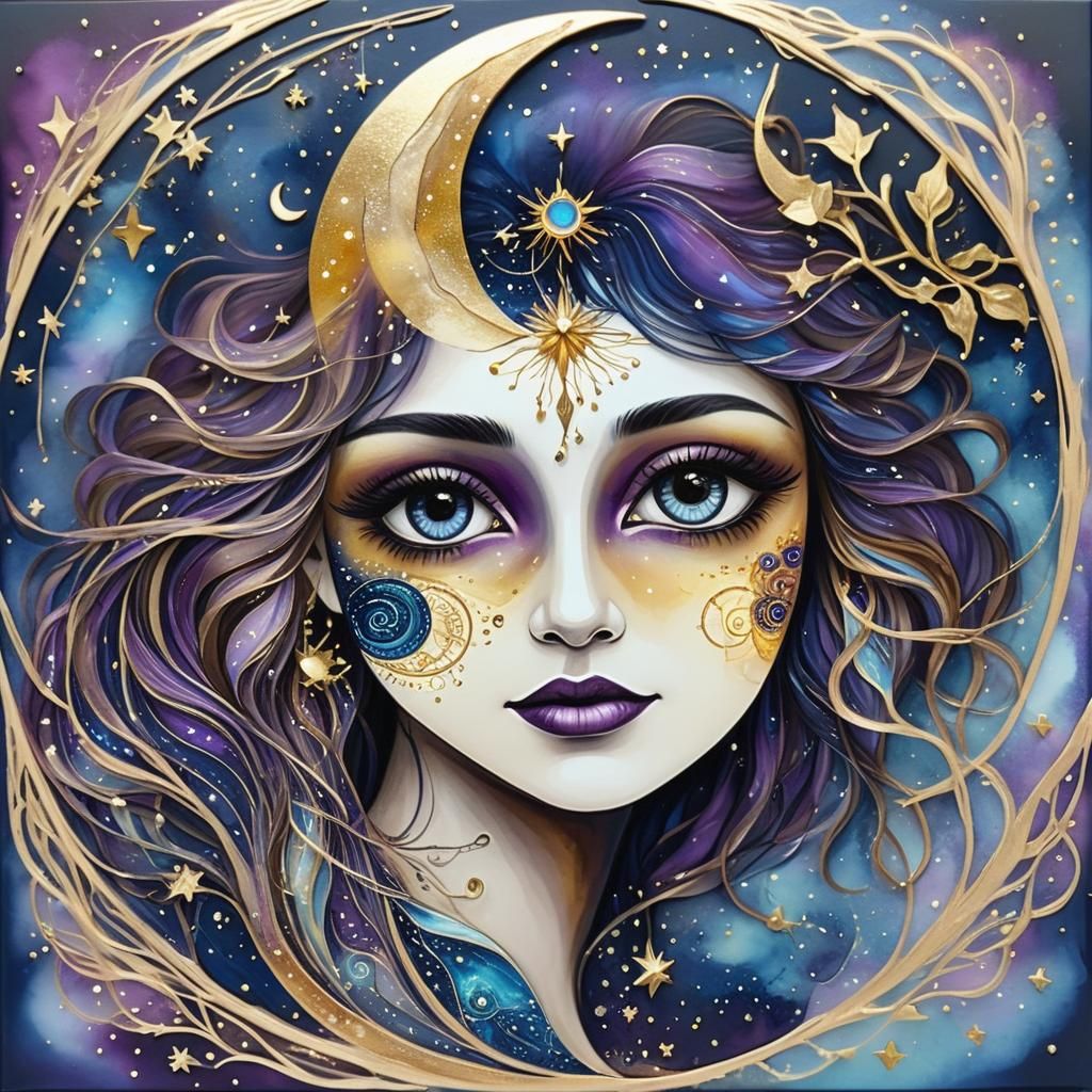 Sun and Moon Portrait with Gold String Art