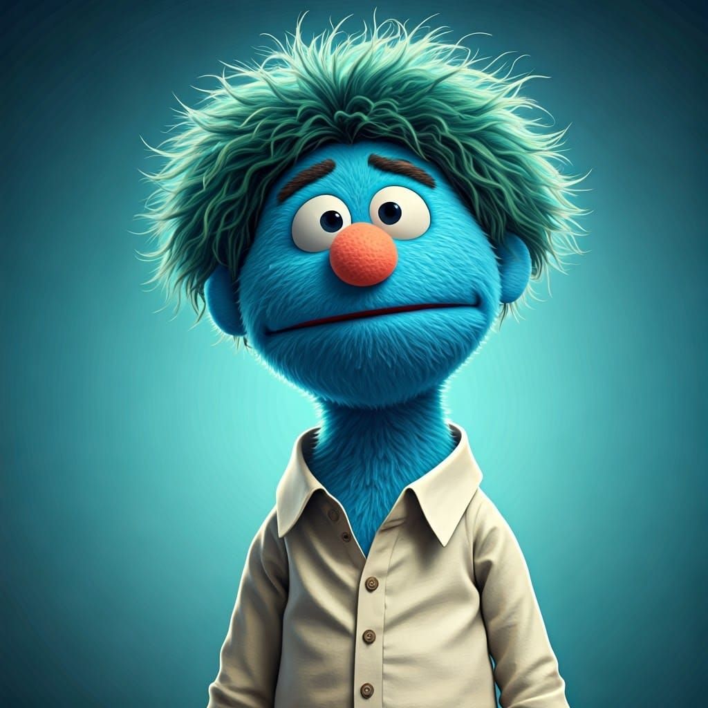 Whimsical Blue Muppet with Green Hair