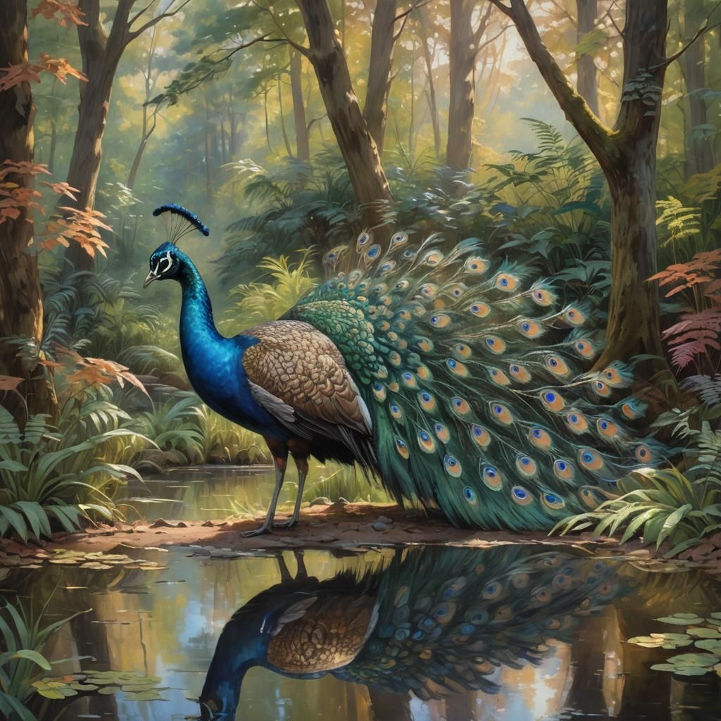 Peacock's Dance by Pond: An Oil Painting
