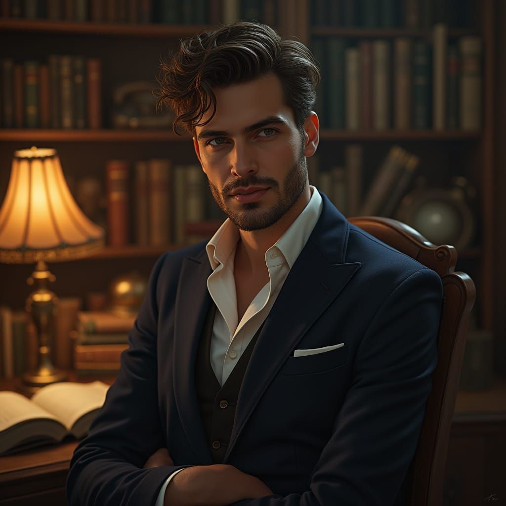 Mysterious Man in Cozy Study: Photorealistic Portrait