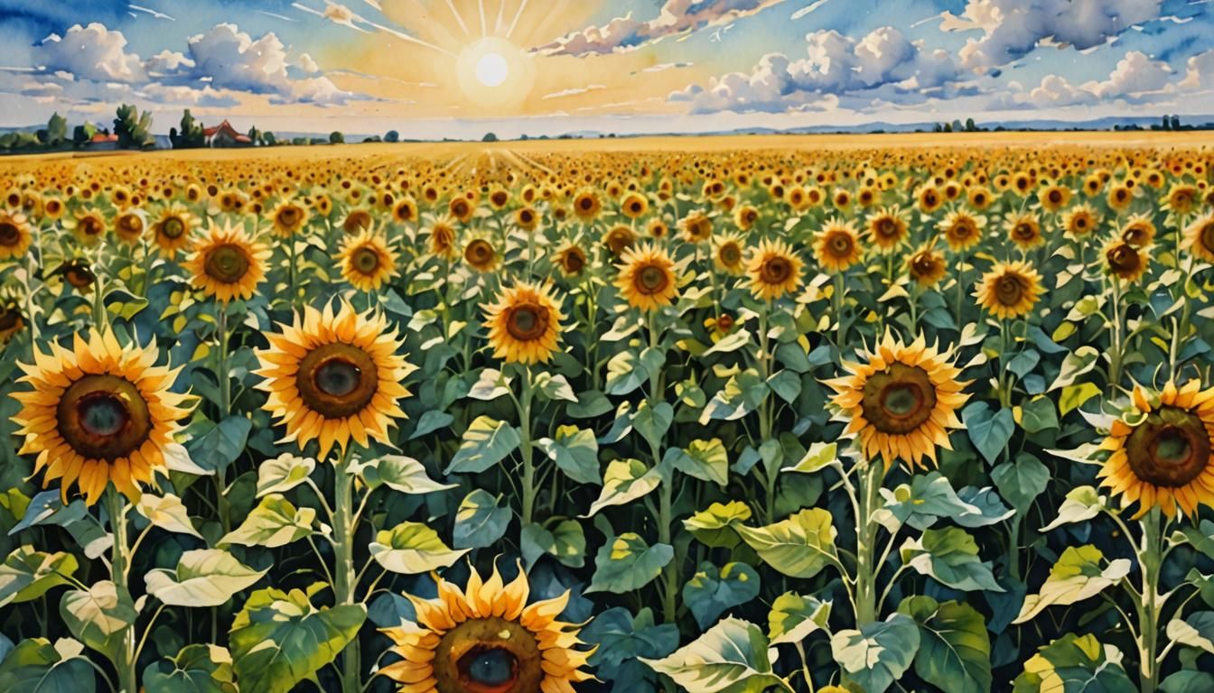 Watercolor Sunflower Field with Volumetric Light