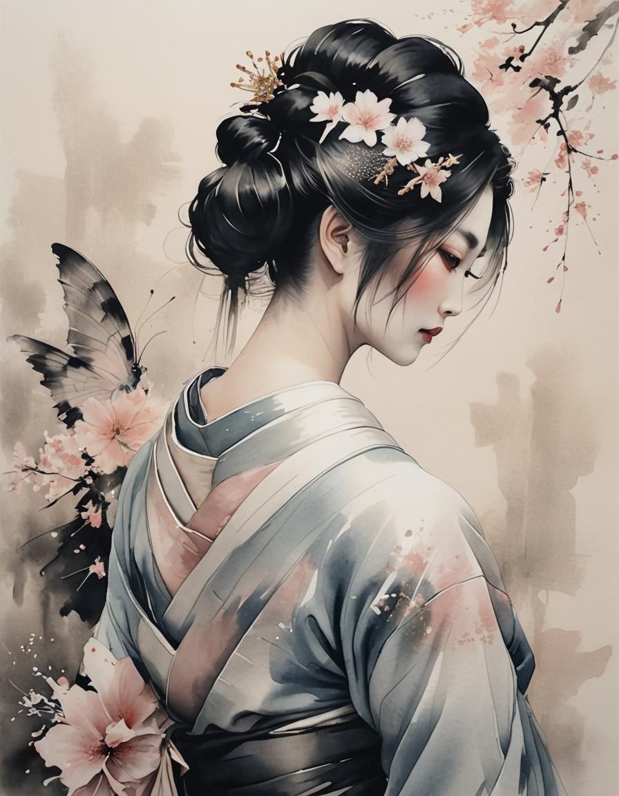 Geisha with Fairy Wings in Japanese Ink Painting