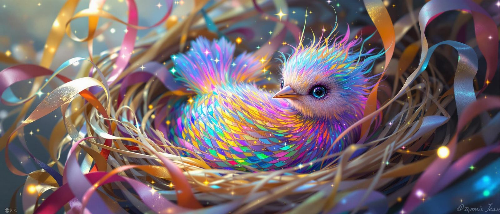 Enchanted Hatchling in Rainbow Silk Nest