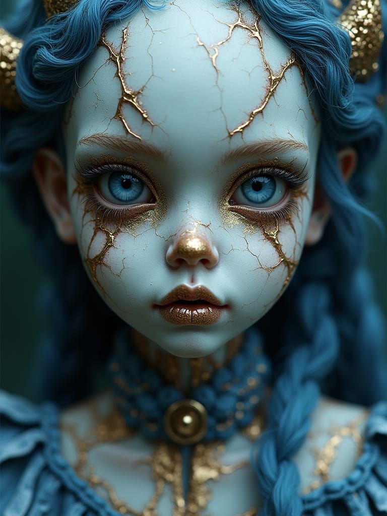 Scary Beautiful Porcelain Doll with Golden Cracks