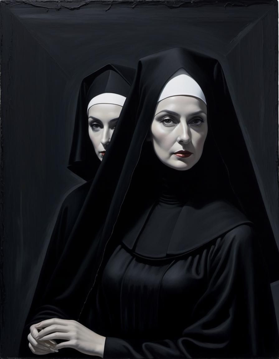 Nun in Monochromatic Black Habit in Darkened Space
