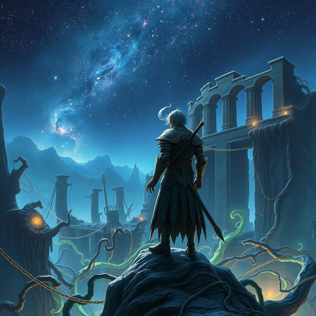 Mystical Warrior Amidst Ancient Ruin in Ethereal Night Sky