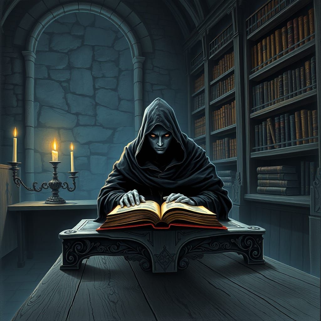 Mysterious Figure Studies Ancient Tomes in a Haunting Castle...