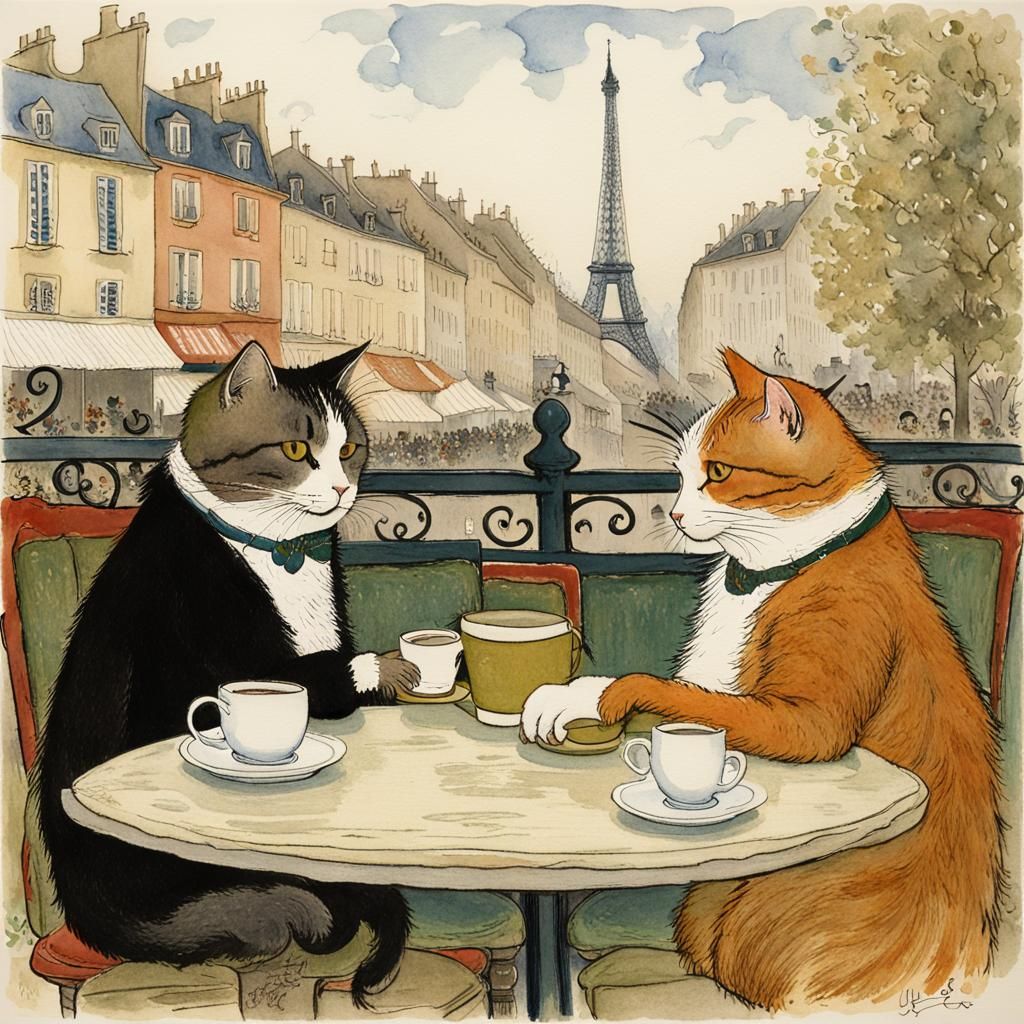 French Cats Enjoying Coffee at Outdoor Cafe