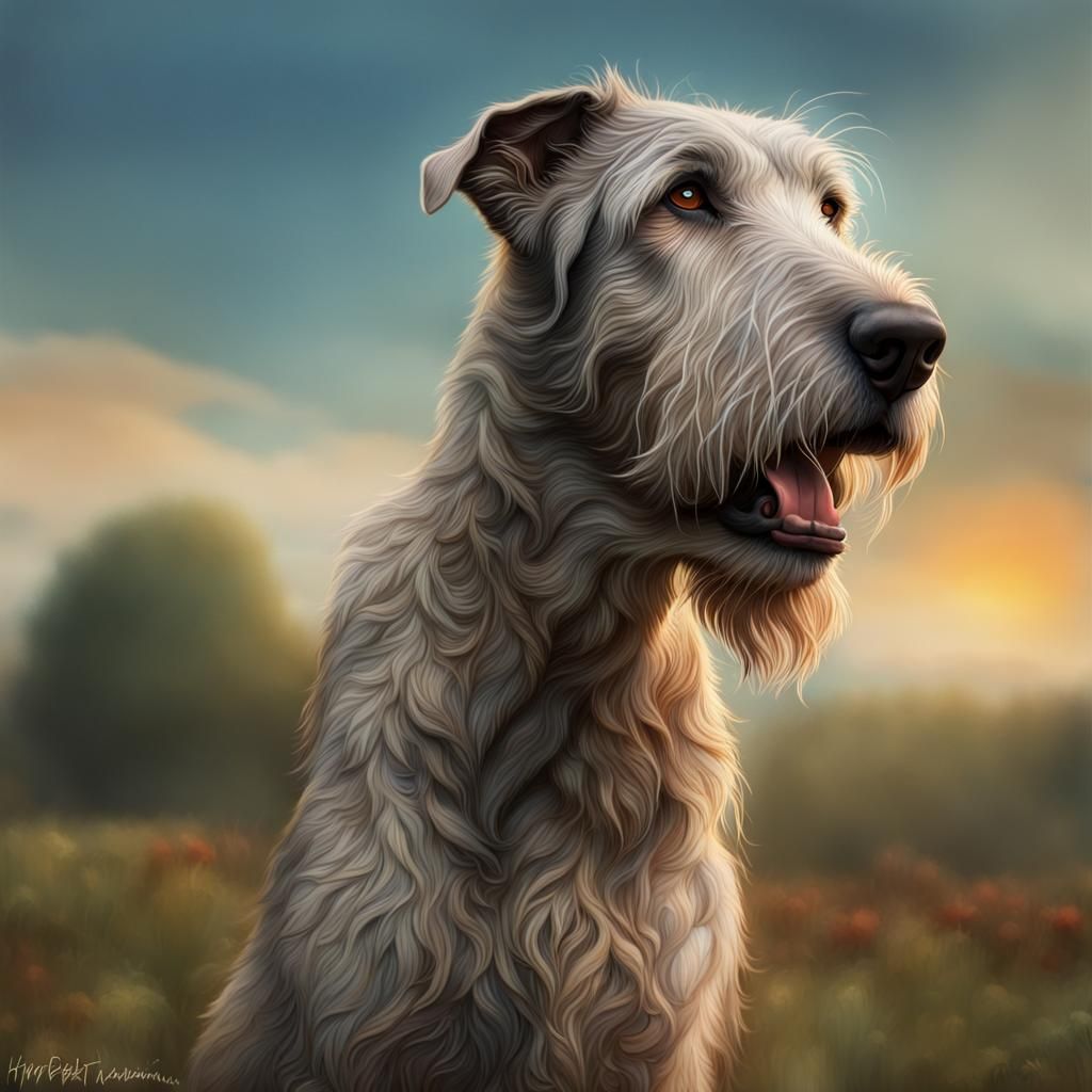 Hyperrealistic Irish Wolfhound Farmer in Splash Art Style
