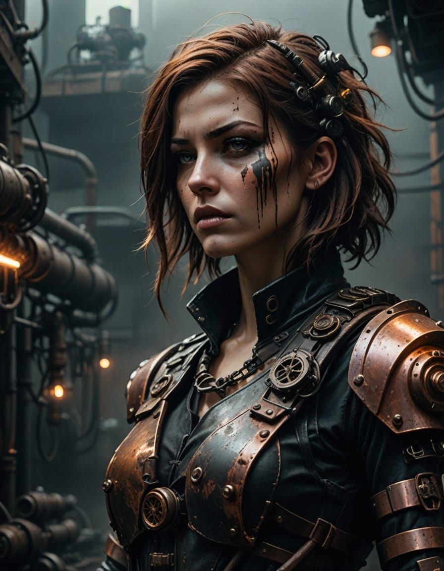 Gritty Steampunk Warrior in Industrial Decay