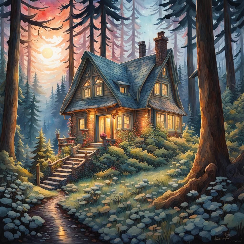 Watercolor Cottage in Forest Under Aurora Lights