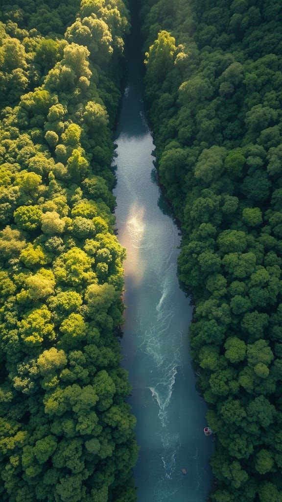 Surreal Emerald Forest River Scene in Drone Perspective