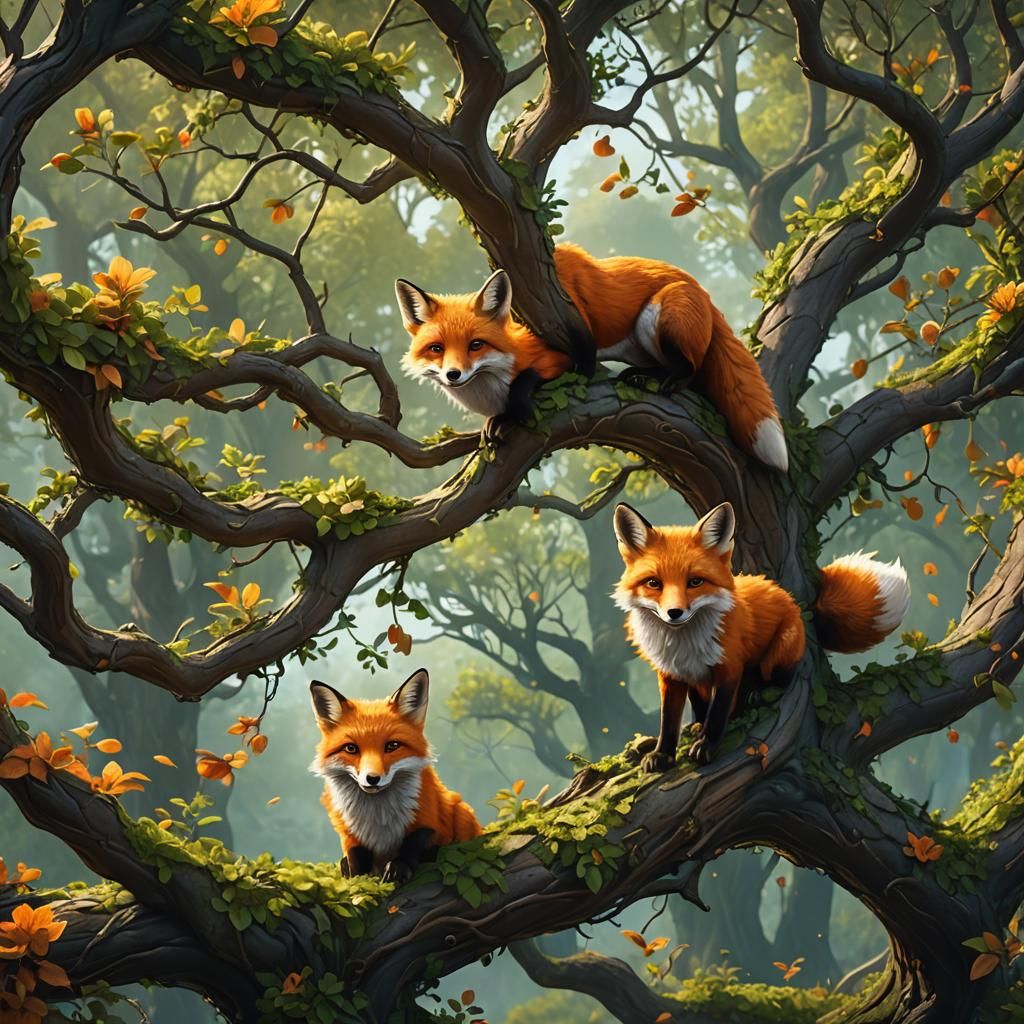 Happy Fox in Tree: Detailed Matte Painting