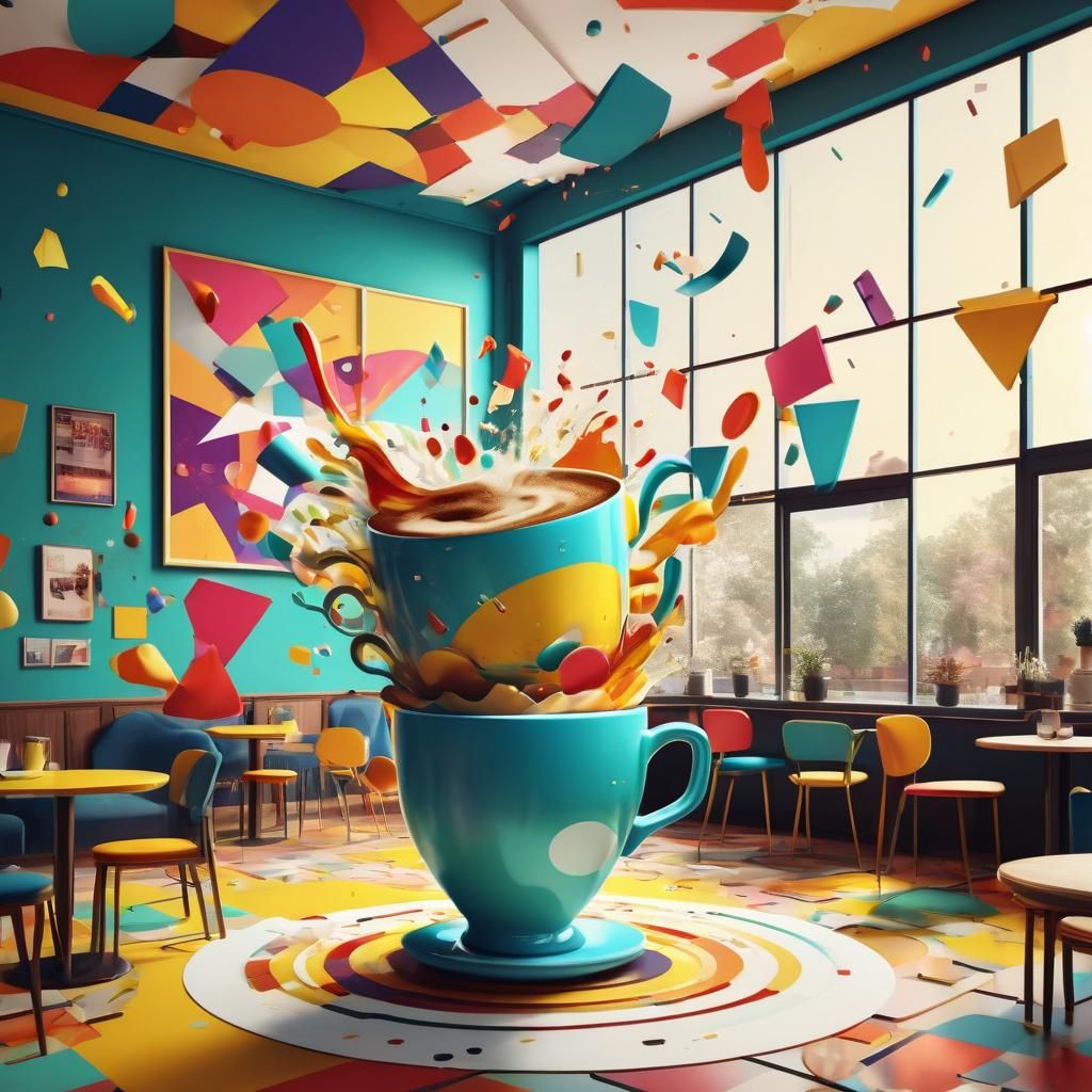 Geometric Bauhaus Coffee Cup in Vibrant Cafe