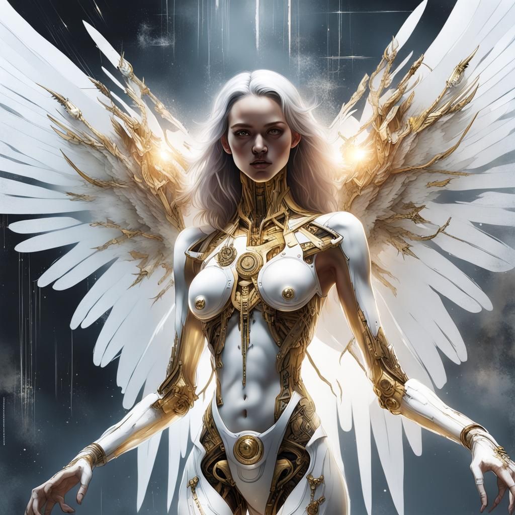 Biomechanical Angel with Gold and Diamond Details