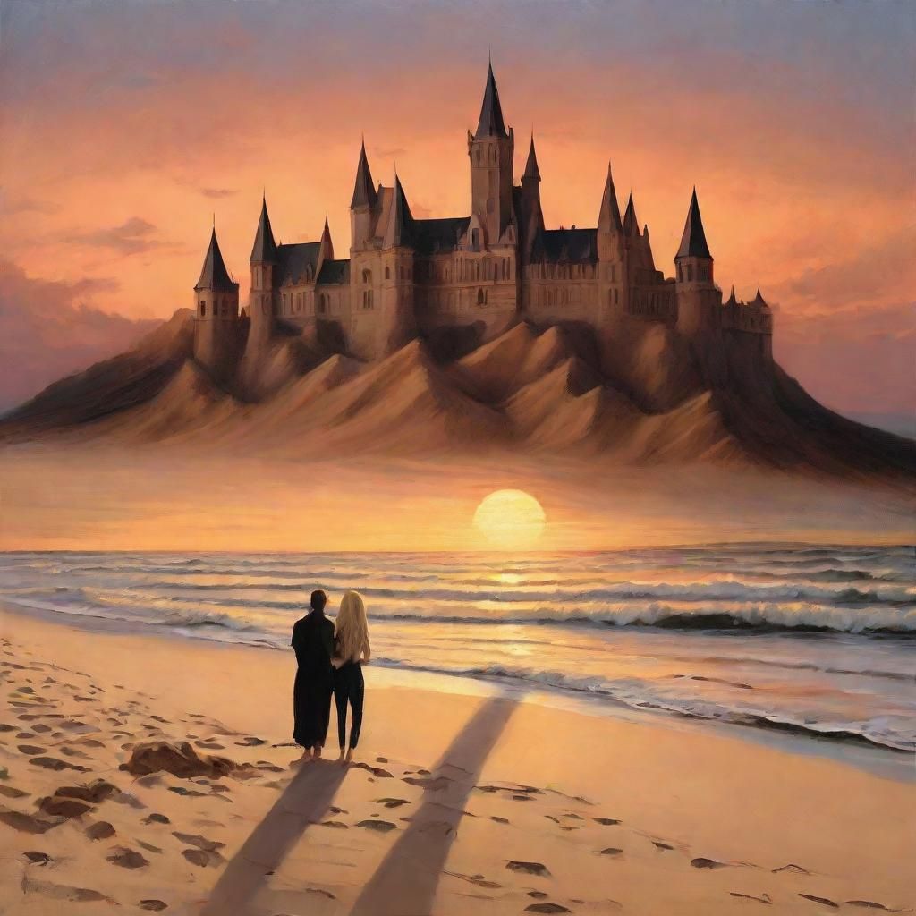 Vampires Building Sandcastle on Beach at Sunset