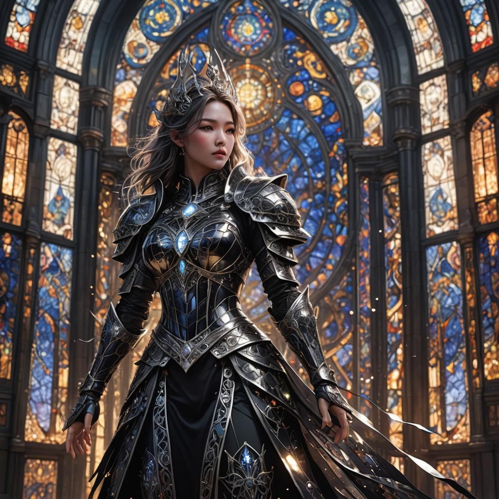 K-Pop Sorceress Casting Spell in Gothic Temple