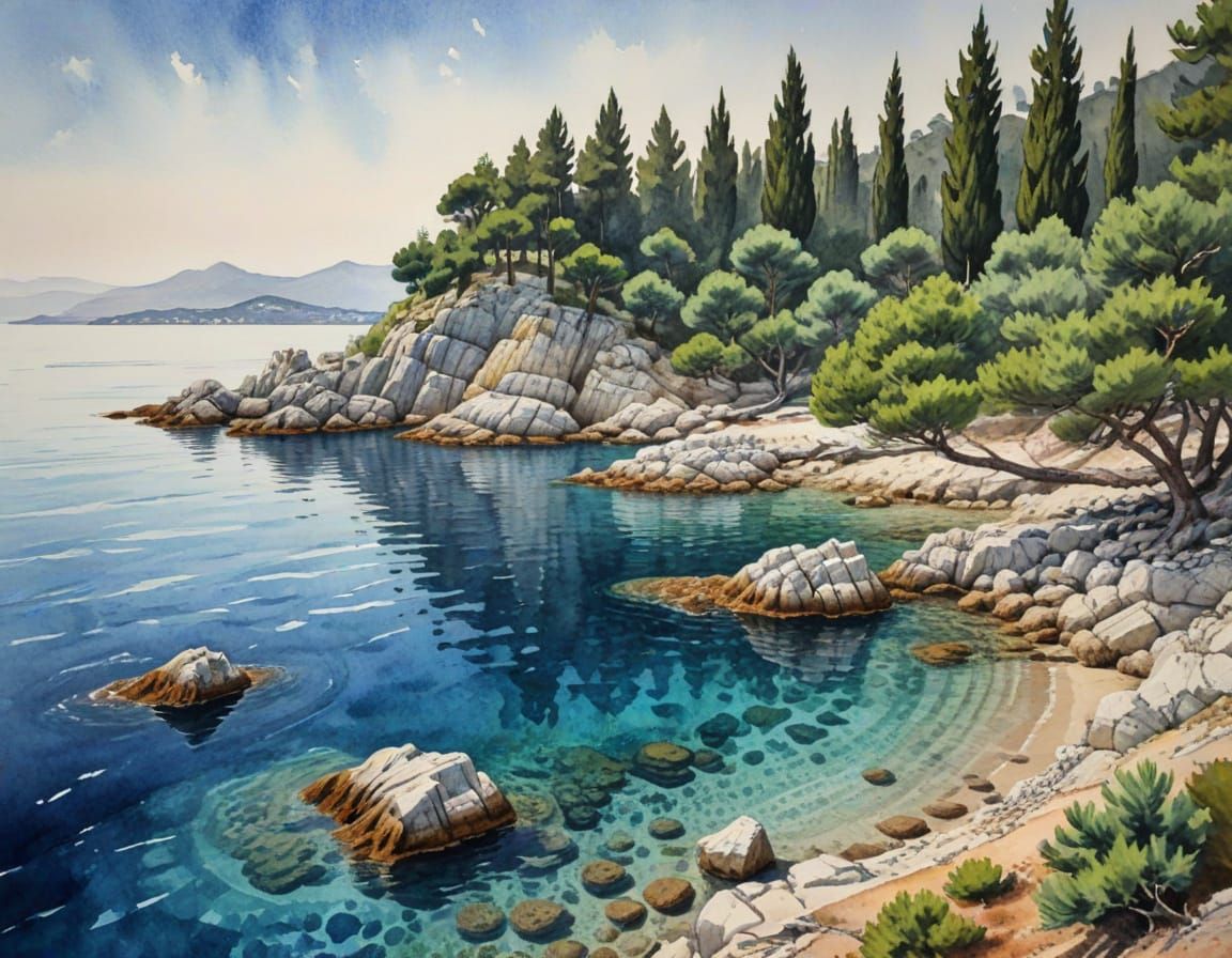 Adriatic Scenery in Korčula: A Watercolor Painting