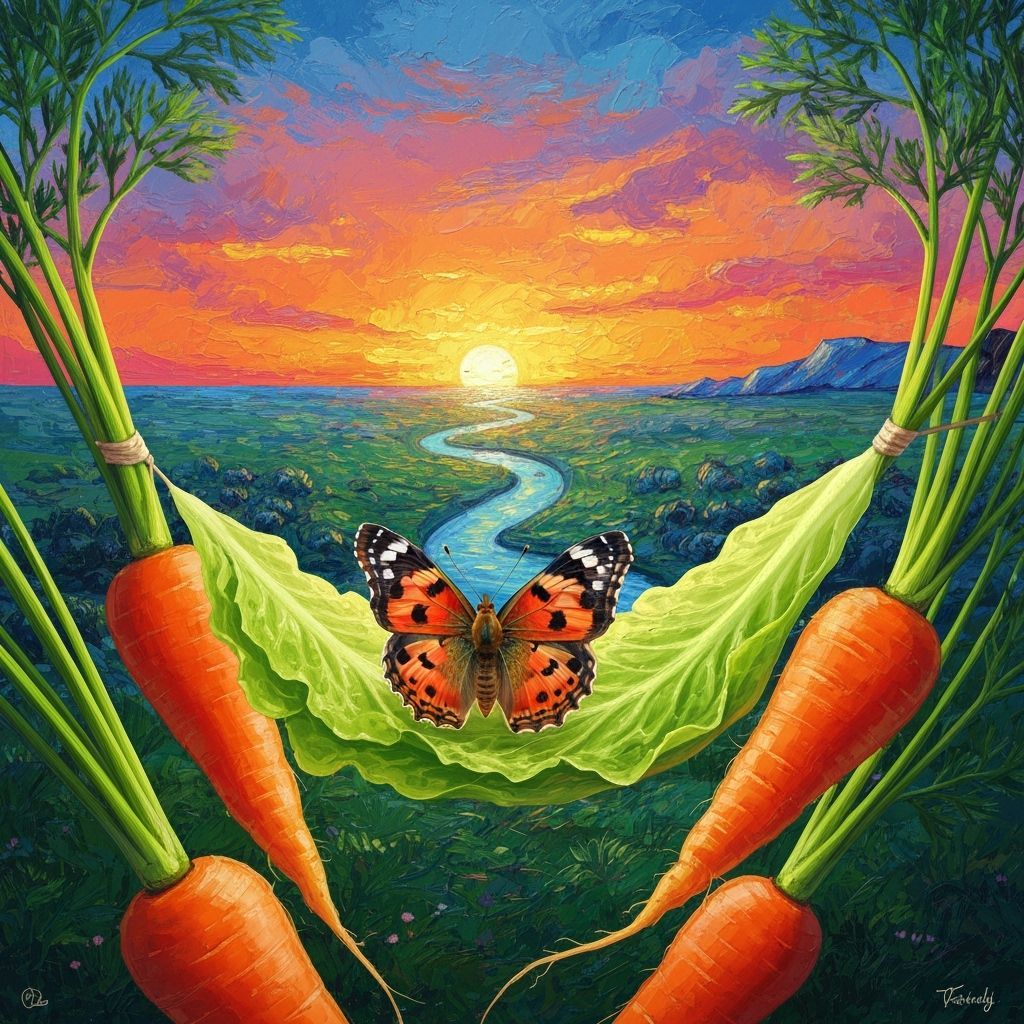 Vivid Sunset Scene: Butterfly on Lettuce Hammock