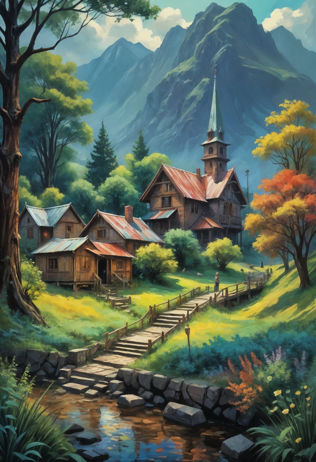 Epic Neo-Expressionist Oil Painting of Majestic Mountains