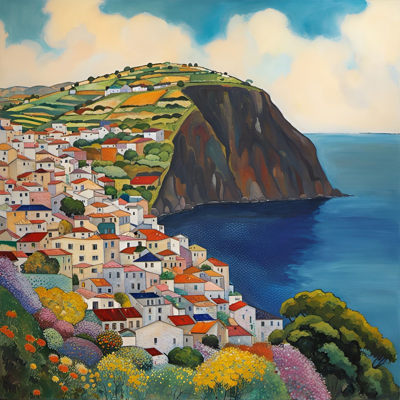 Wind Swept Figure on Madeira Cliffs in Art Nouveau Style