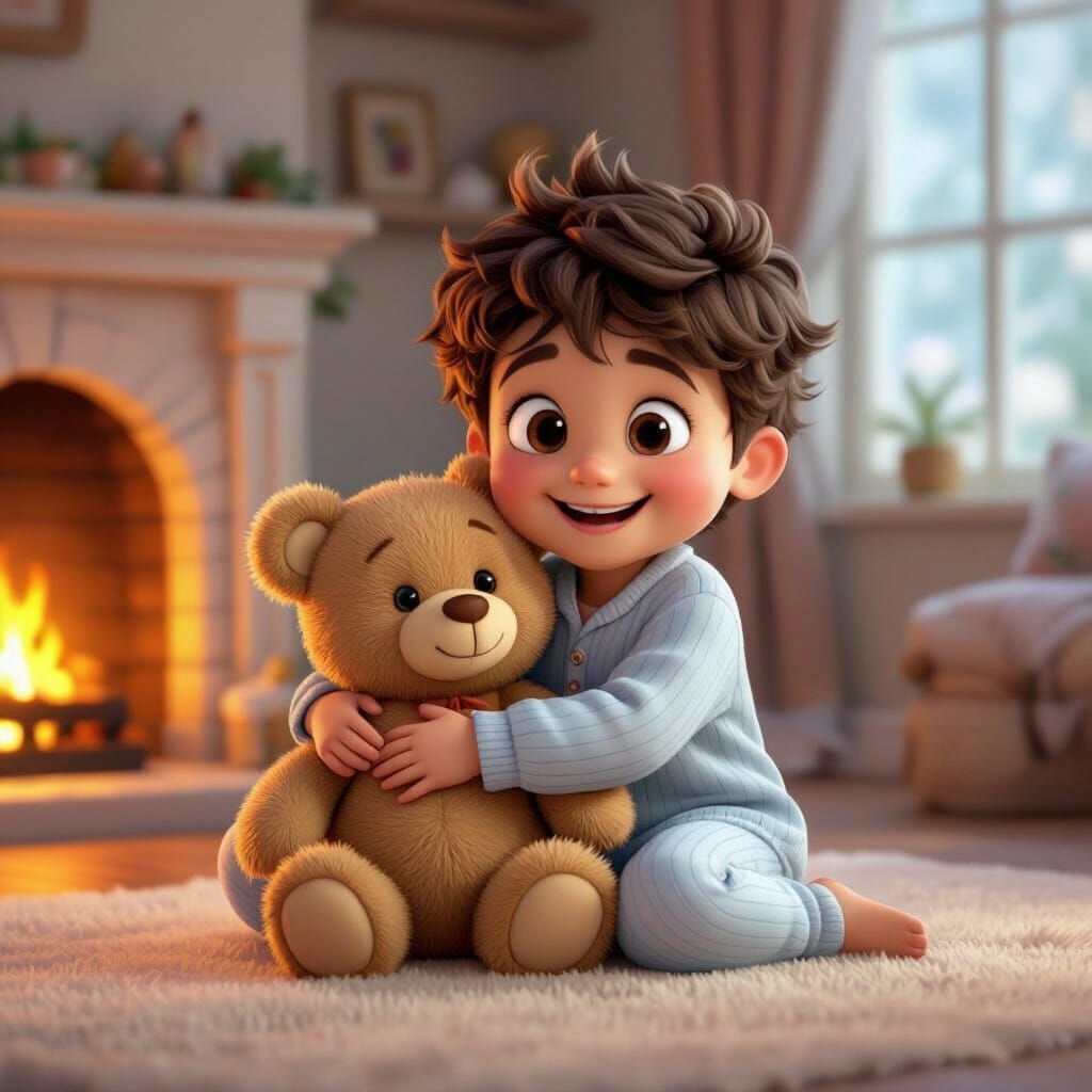 Cozy Child Hugging Teddy Bear: Pixar Style